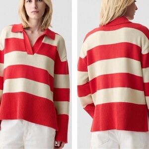 Gap Rugby Striped V-Neck Sweater in Red and Cream - women’s small